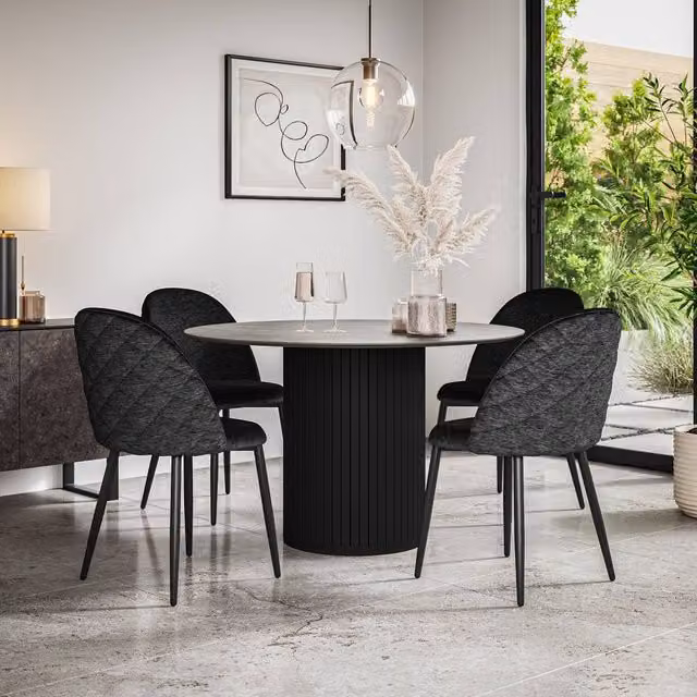 More4Homes Arlo Round Concrete Dining Table with Black Legs and 4 Raye Velvet Dining Chairs Set – 1