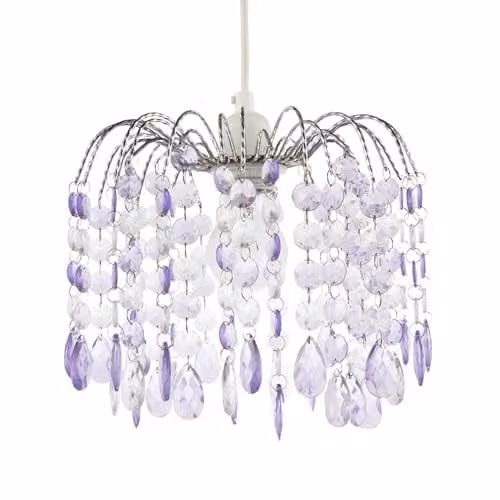 Happy Homewares Contemporary Waterfall Pendant Light Shade with Lilac and Clear Acrylic Droplets and Chrome Metal Frame – 1