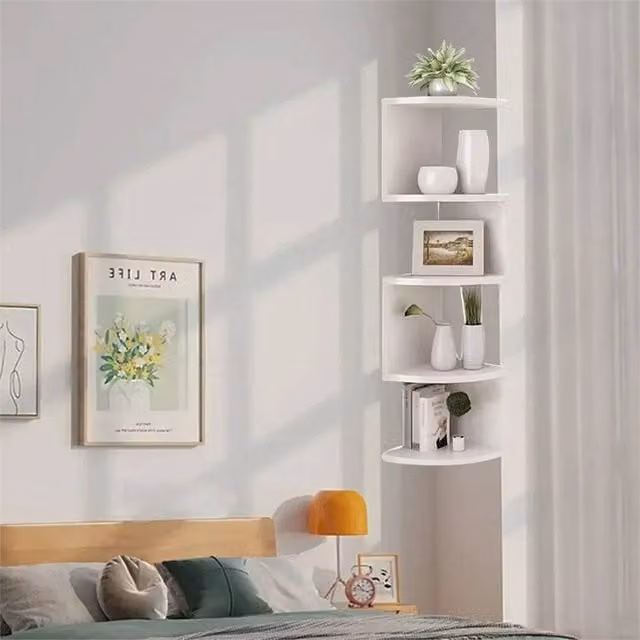 SPETLEK 5 Tier White Wooden Floating Corner Wall Shelves