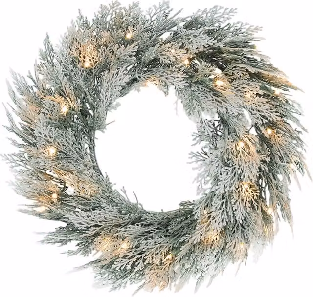HOMCOM Flocked Prelit Christmas Wreath in Green and Silver, Diameter: 60 cm