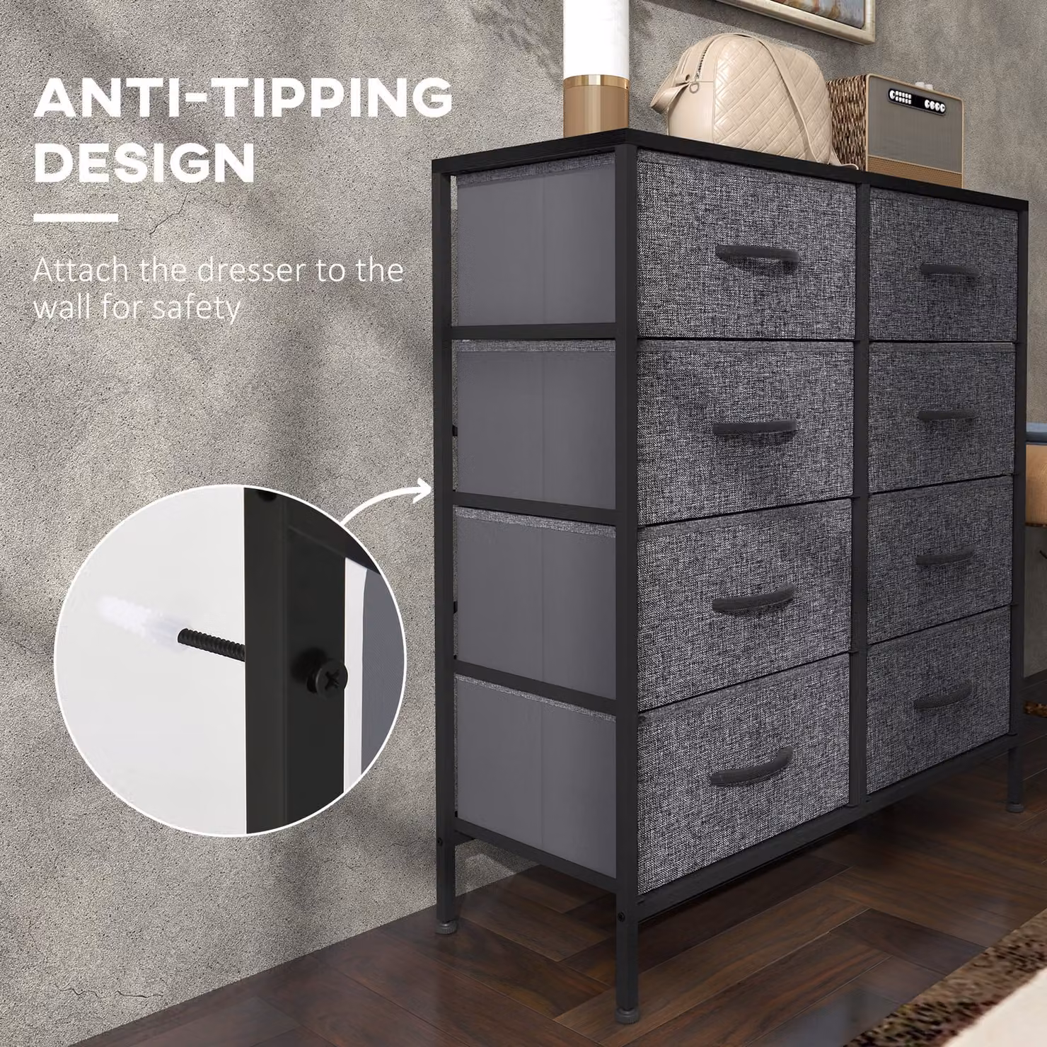 HOMCOM Industrial Fabric Chest of Drawers with 8 Drawers, Steel Frame and Wooden Top, Black and Grey – 5