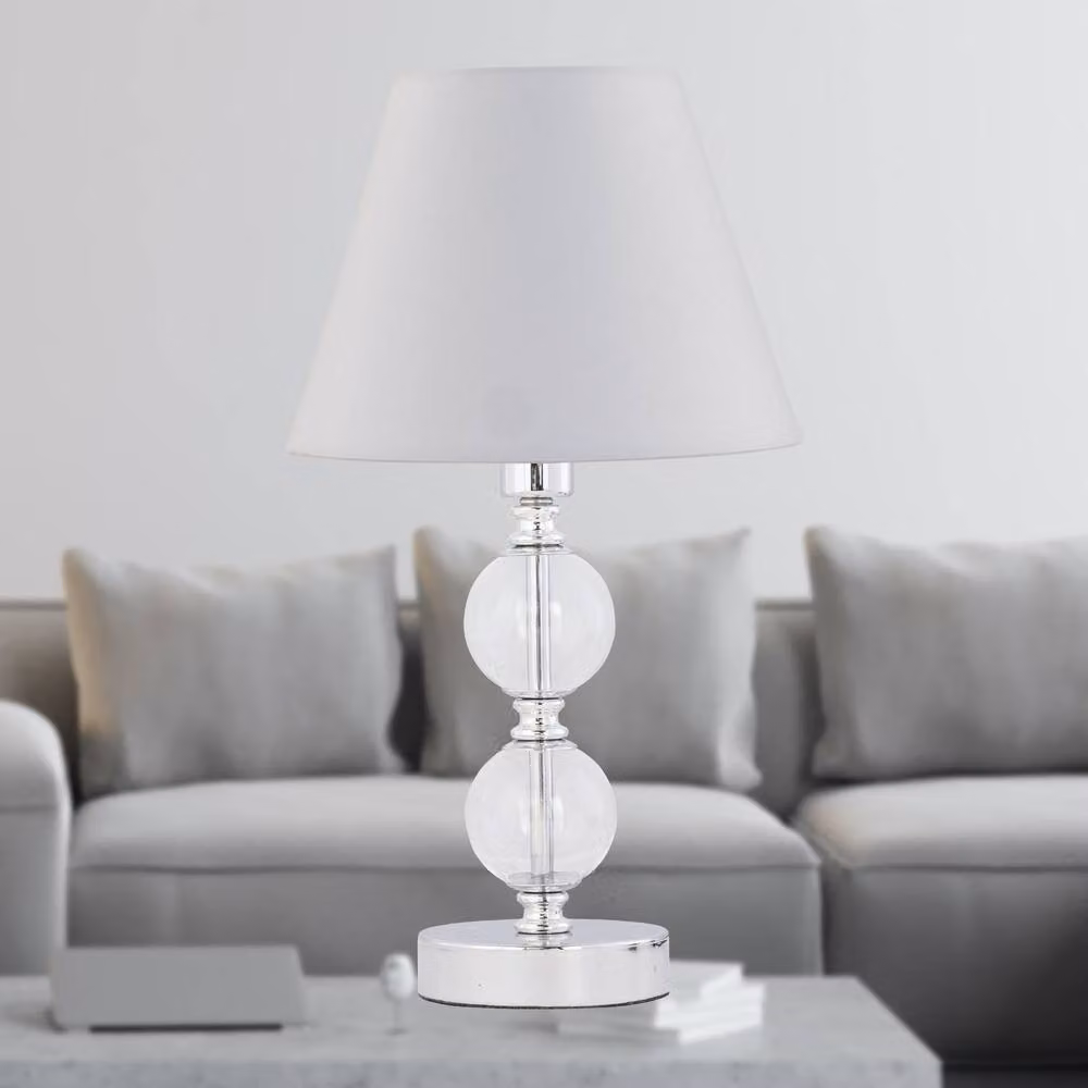 First Choice Lighting Chrome Two Ball Table Lamp with White Fabric Shade in Silver – 2