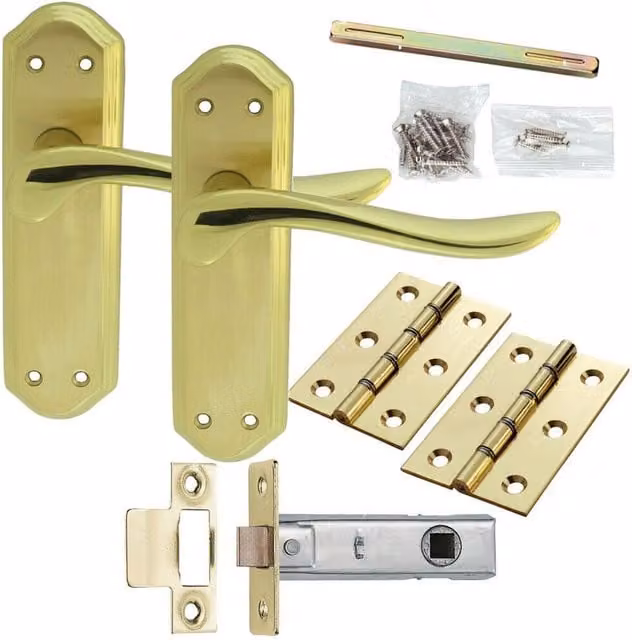 Loops Brass Door Handle and Latch Pack with Modern Curved Sculpted Lever and Ornate Backplate in Gold
