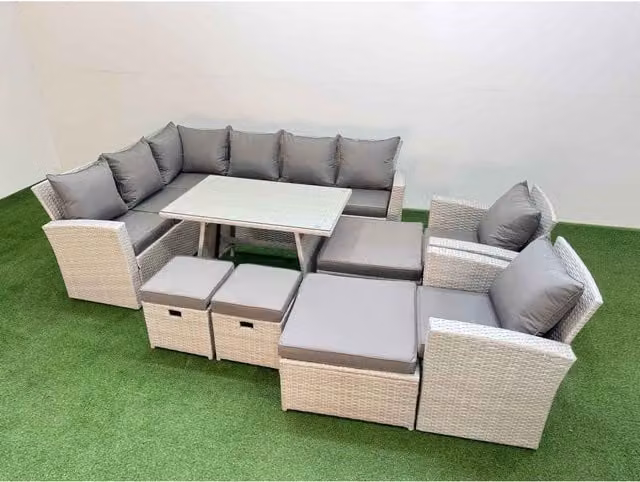 Fimous 12-Seater Outdoor Rattan Corner Sofa and Dining Set in Light Grey Mixed with Dark Grey Fabric