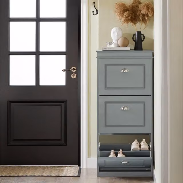 SoBuy Modern Grey Freestanding Shoe Organiser Unit with Drawers, Hinged Doors and Pull-out Rack for Hallways