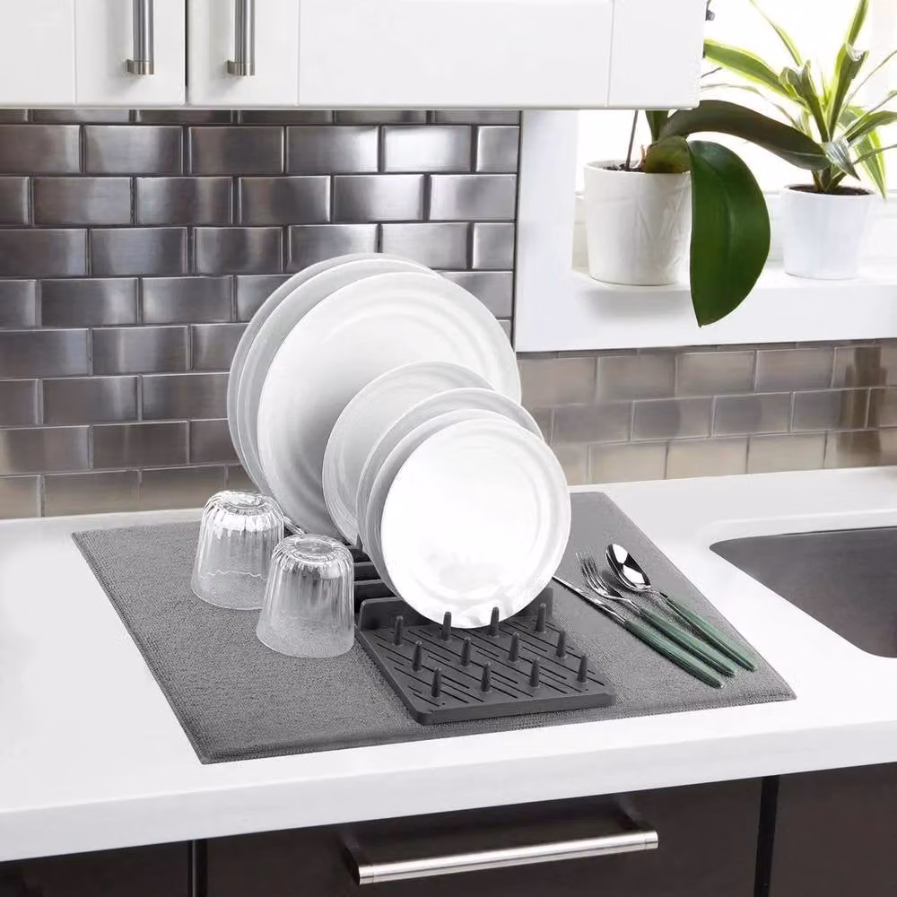 NESTLUNE Rectangular Microfibre Dish Drying Mat with Dish Drainer in Grey, W: 100 cm, D: 15 cm – 2