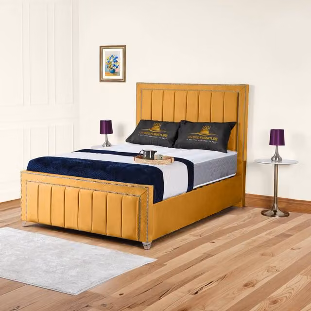 UK Bed Furniture Fiona Single Upholstered Slatted Base Bed with 48 Inch Headboard in Yellow Velvet
