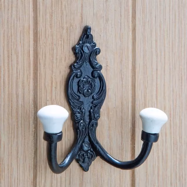 Hammer and Tongs Ornate Double Ceramic Coat Hook in White and Black, Pack of 5, W: 10.0 cm, H: 11.5 cm