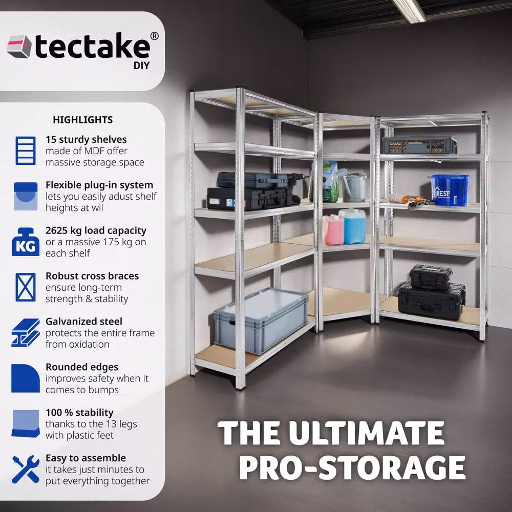 tectake Gustav Garage Shelving, Silver and Grey Steel, H 180 x W 165 x D 40 cm – 2