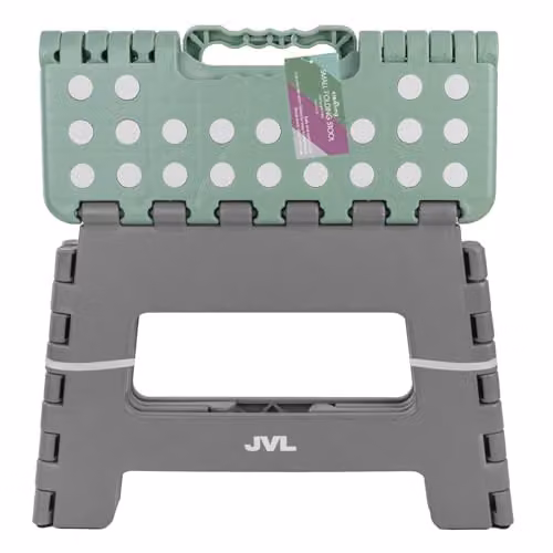 JVL Small Folding Step Stool in Grey or Green, Lightweight Plastic Stool for Kitchen, Bathroom and Children, W/D/H: 25 x 22 x 32 cm