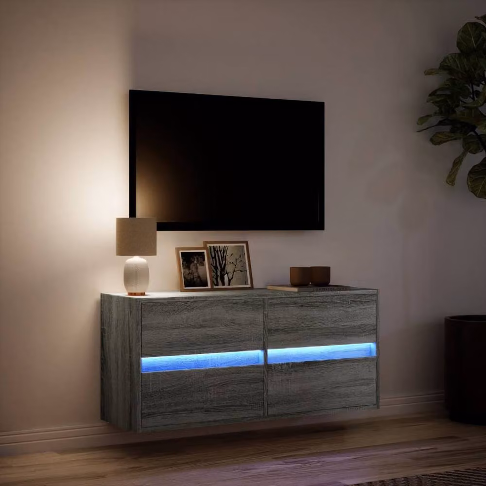 Berkfield Home TV Wall Cabinet with LED Lights in Grey Sonoma, W/D/H: 100 x 31 x 45 cm – 3