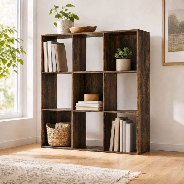 STILVORA Freestanding Storage Shelf with 9 Open Cubes in Rustic Brown – 1