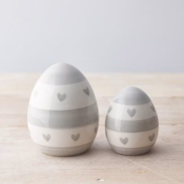 Little Cosy Home Set of 2 Striped Ceramic Egg Ornaments in Grey and White for Easter and Spring Tabletop Decor