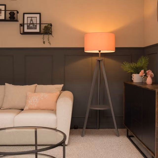 ValueLights Morrigan Grey Wood Tripod Floor Lamp with White Fabric Drum Shade and Bulb