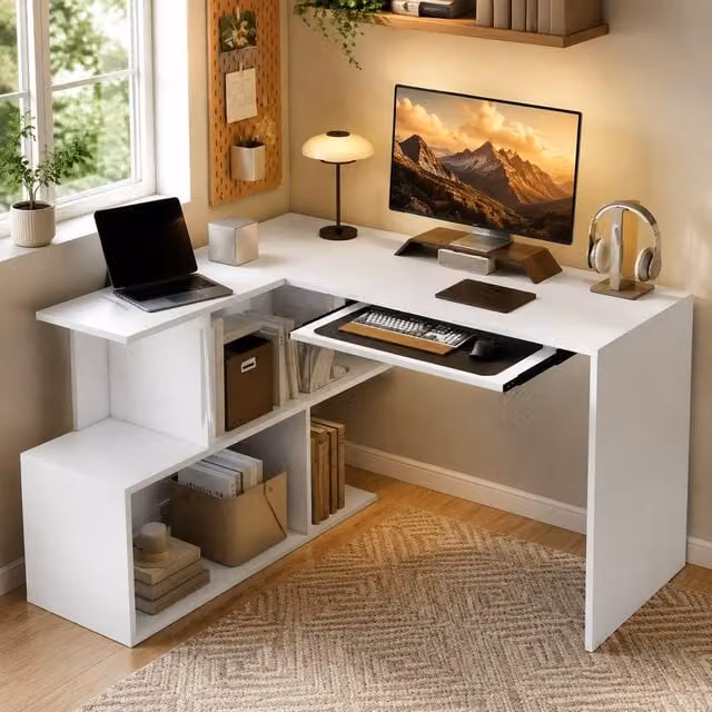 STILVORA L-Shaped Corner Desk in White with Keyboard Tray and Shelves