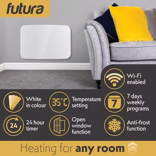 Futura 1000W WiFi Smart Electric Radiator, White Wall Mounted Designer Panel Heater with App Control – 4