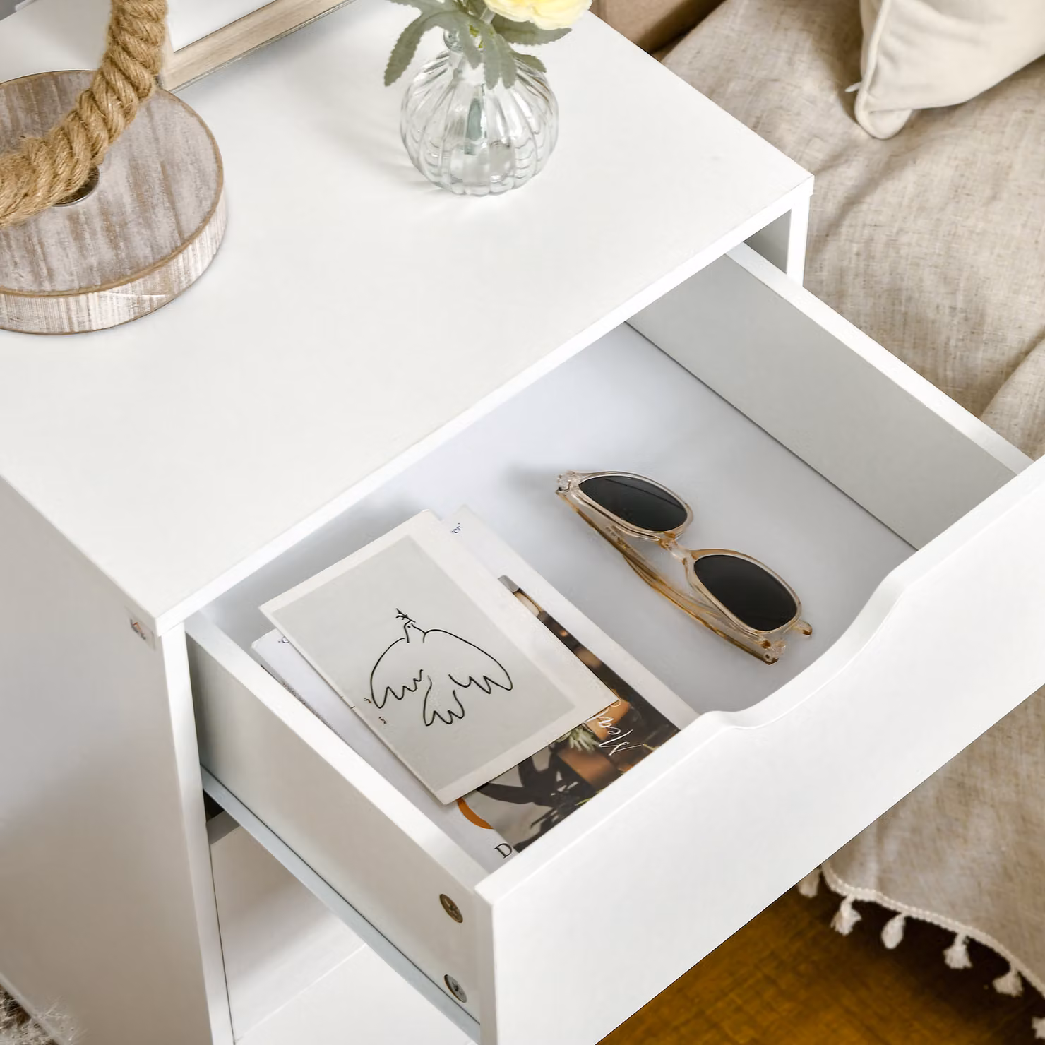 HOMCOM Set of 2 Modern White Bedside Tables with 3 Storage Drawers and Solid Pine Wood Legs – 5