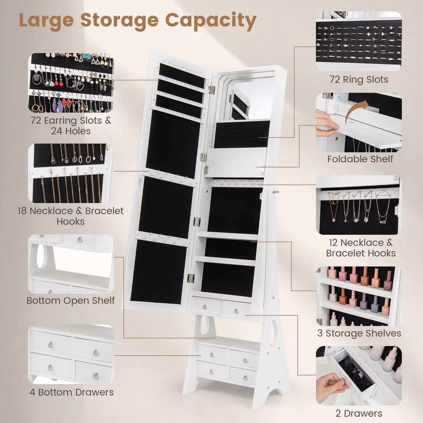 Costway White Modern Jewelry Cabinet Armoire with 3-Colour LED Lighting, Mirror and Internal Shelves and Drawers – 3