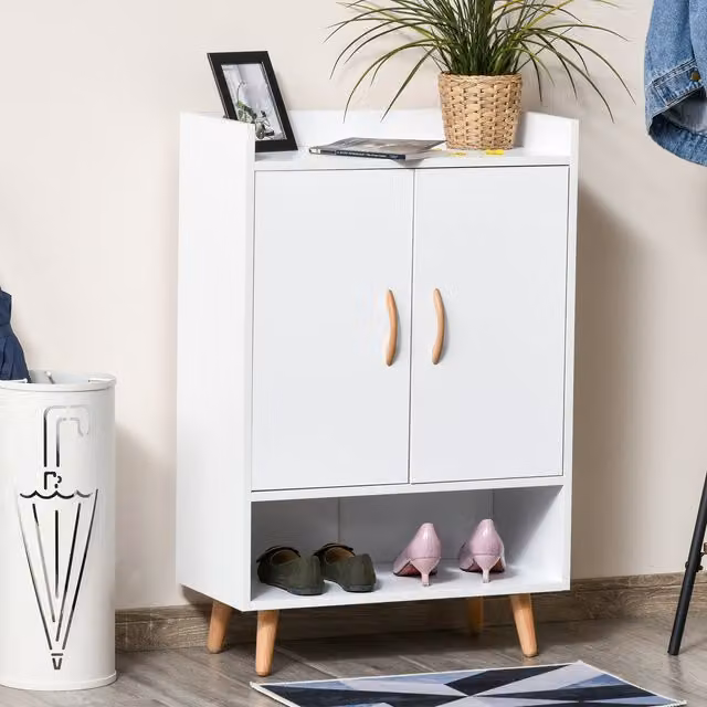 HOMCOM Modern White Shoe Cabinet Storage Organiser with Hinged Doors and Internal Shelves