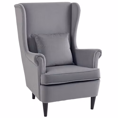 HOMCOM Modern Grey Velvet Wingback Armchair with Wood Legs, W/D/H: 75 x 83 x 104 cm