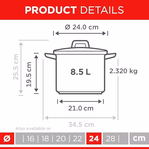Kuhn Rikon Silver Stainless Steel Casserole Pot with Glass Lid, 8.5L, Diameter: 24 cm – 6