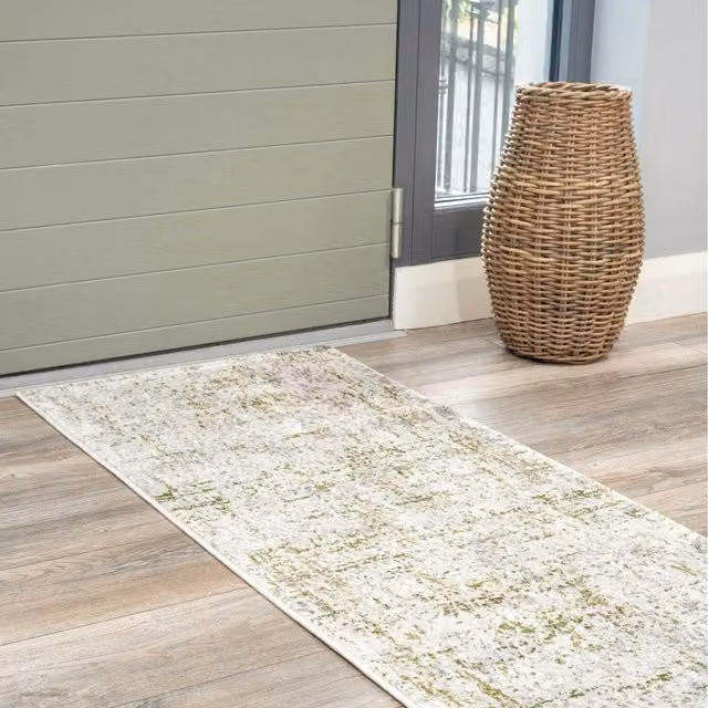 The Rug House Distressed Tweed Effect Vintage Area Rug in Beige and Green, W: 240 cm, D: 70 cm