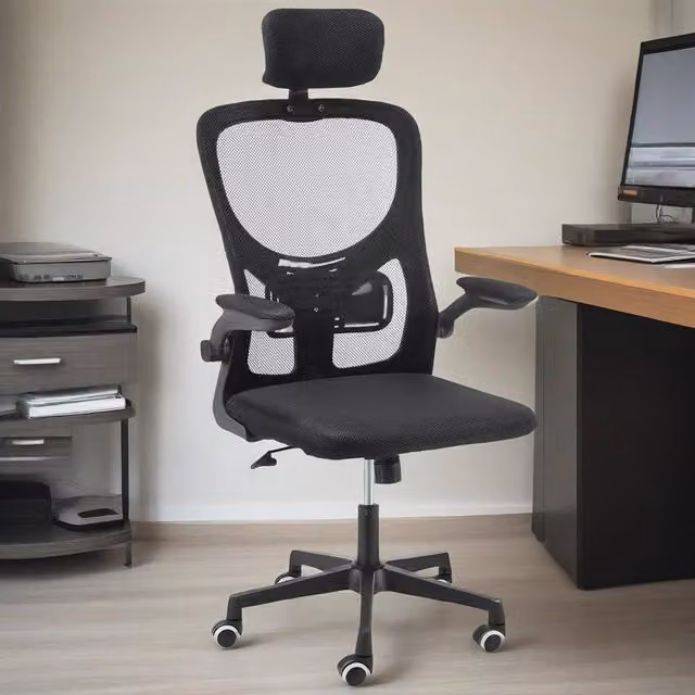 Ventryn Ergonomic Mesh Office Chair with Headrest and Armrests, Black Fabric, 360 Degree Swivel – 1