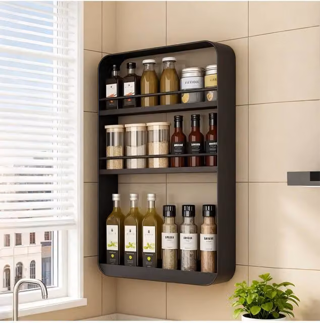Living and Home 3-tier Wall-Mounted Metal Spice Rack and Kitchen Organiser in Matt Black