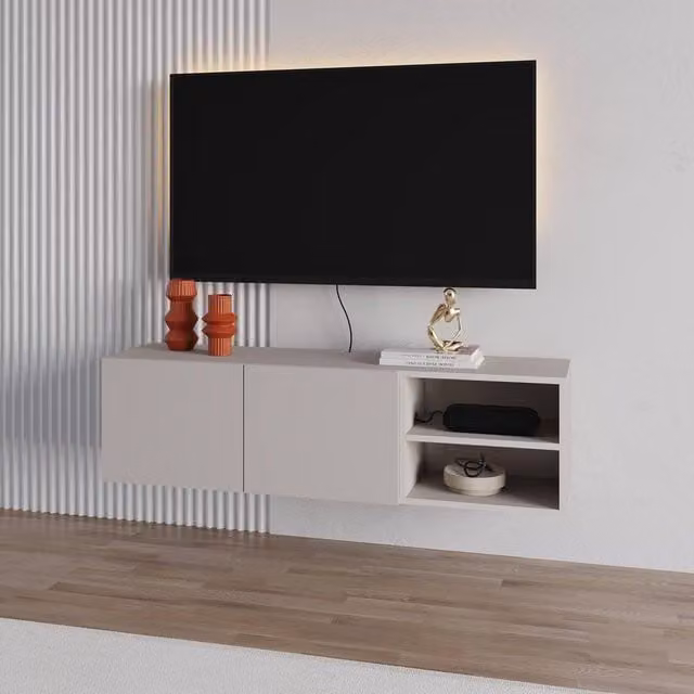 Decortie Conrad Wall-Mounted Floating TV Unit with Soft-Close Doors in Beige and White – 1
