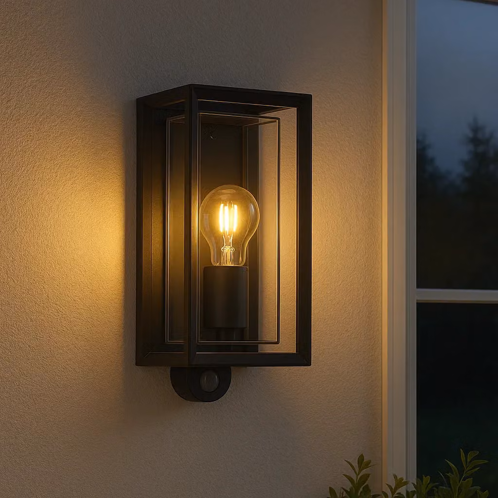 CGC Lighting Black Outdoor Wall Lantern with Transparent Diffuser, E27 Socket and PIR Motion Sensor, IP54 Rated – 2