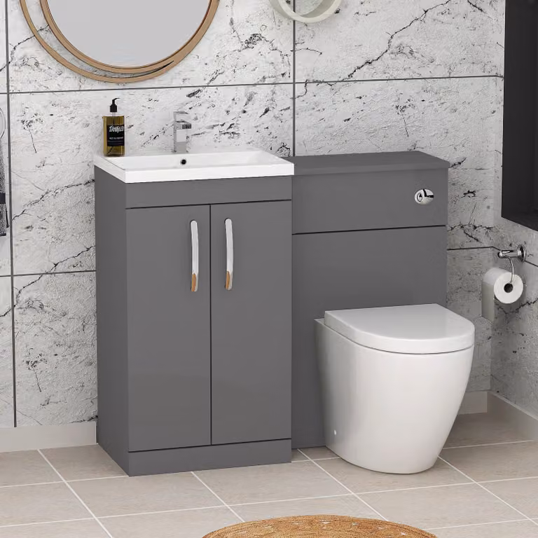 Royal Bathrooms Indigo Grey Gloss 2 Door Furniture Pack with Mid Edge Basin and Elva Back to Wall Toilet, Width: 100 cm