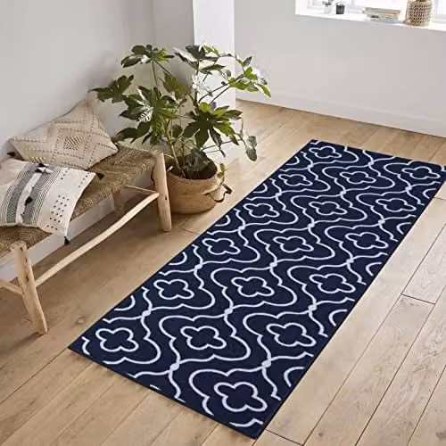 Desire Rugs Quatrefoil Non-Slip Washable Indoor Runner Mat, Blue, W: 80 cm, L: 300 cm – 1