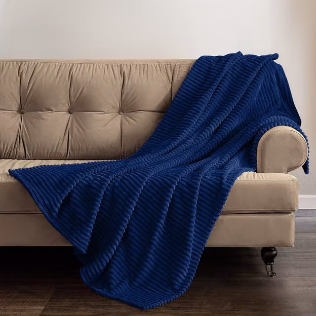 Velosso Navy Blue Cord Ribbed Blanket Throw, W: 150 cm, D: 200 cm