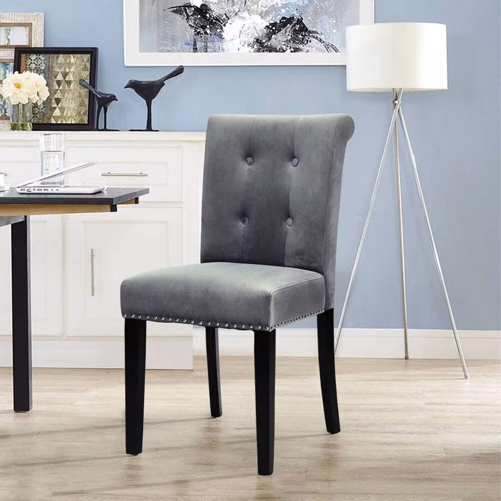 KORVIXA Grey Velvet Upholstered Dining Chair with Wooden Legs – 3