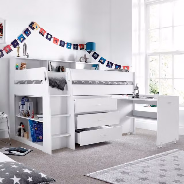 Bedmaster Ersa Mid Sleeper Bed with Desk and Pocket Mattress in White