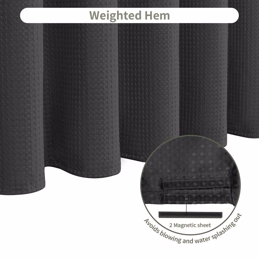 INHOUSOLU Black Waffle Weave Polyester Shower Curtain with Weighted Hem and Hooks, Width: 184 cm – 8