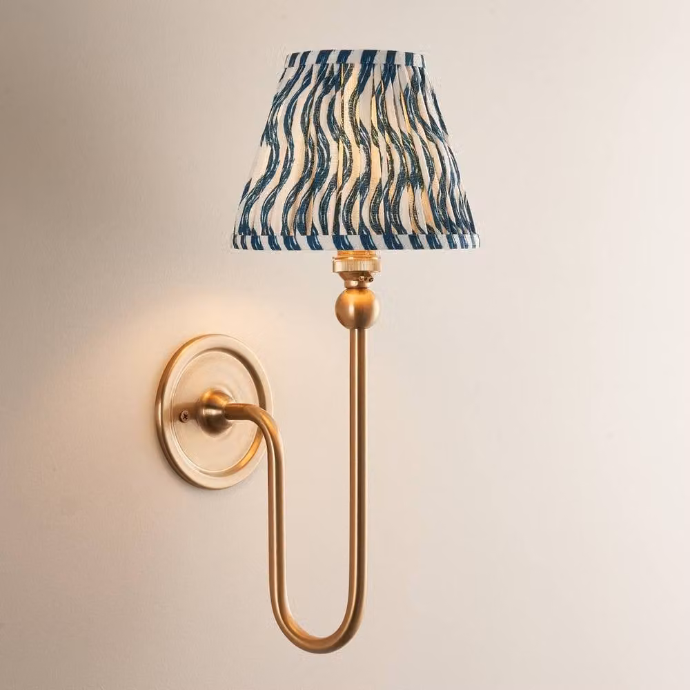 Netlighting Santiago Wall Light with Blue Fabric Ripple Shade and Brass Details, 16 cm, B22 – 2