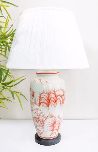 Downton Interiors Red Oriental Ceramic Table Lamp with White Fabric Shade