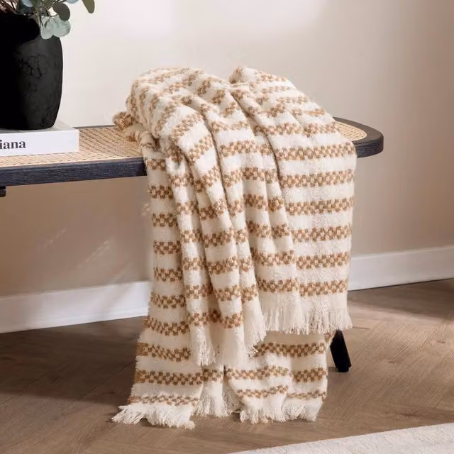 HOEM Clyne Striped Tasselled Throw in Brown, W: 130 cm, L: 180 cm