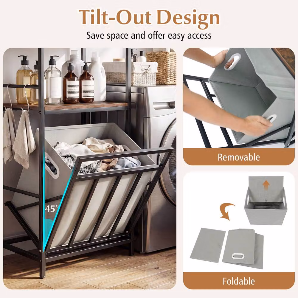 Costway 2-Tier Brown Laundry Hamper with Tilt-out Basket, 4 Hooks and Removable Bag – 7