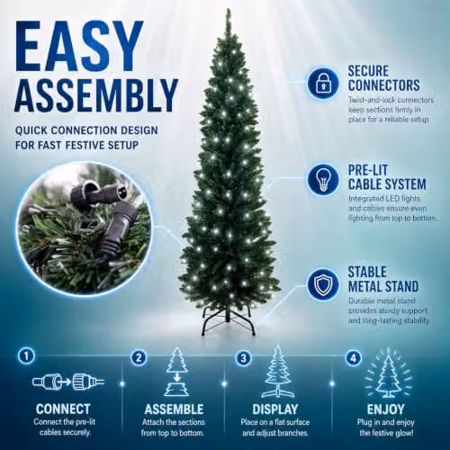 Shatchi Green Slim Pencil Artificial Christmas Tree with Cool White LEDs and Metal Stand, Height: 1.5 m – 4