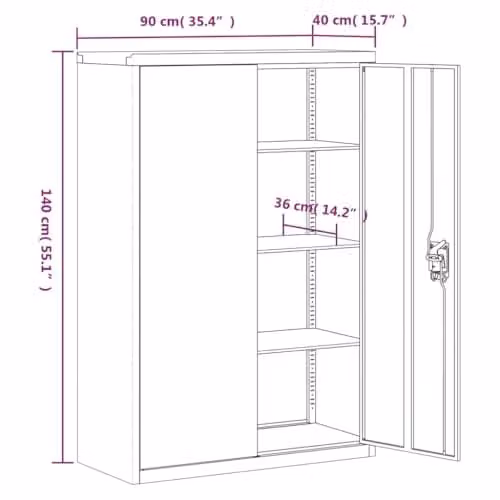 vidaXL Black Metal File Cabinet with Hinged Doors and Lock, W/D/H: 90 x 40 x 140 cm