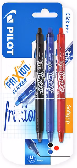 Pilot Frixion Clicker Erasable Rollerball Pens, Pack of 3, Multicolour