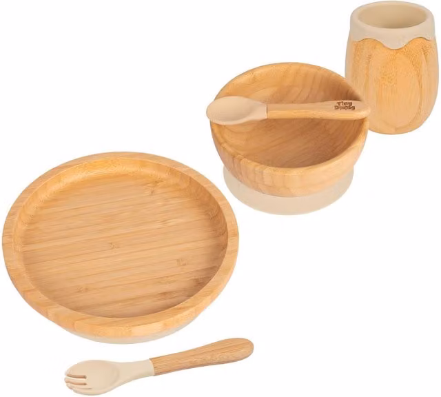 Tiny Dining 5pc Bamboo and Silicone Round Baby Weaning Set in Beige and Yellow