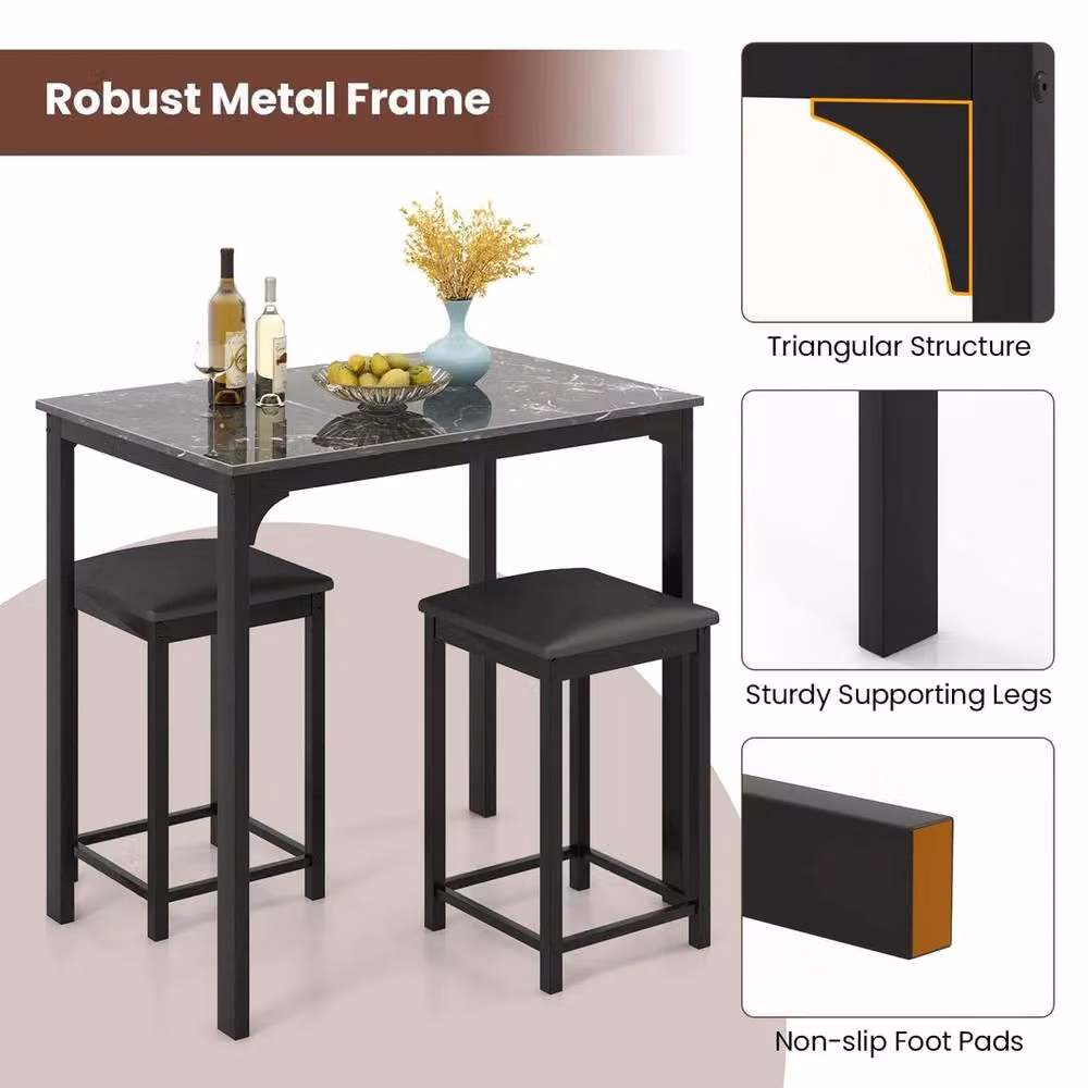 VOGREX Black 3-Piece Modern Counter Height Dining Set with Marble Effect Rectangular Table – 4