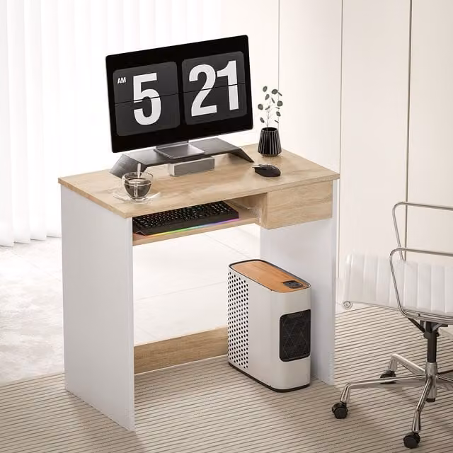 HOMCOM Compact Computer Desk with Keyboard Tray and Drawer in Light Oak