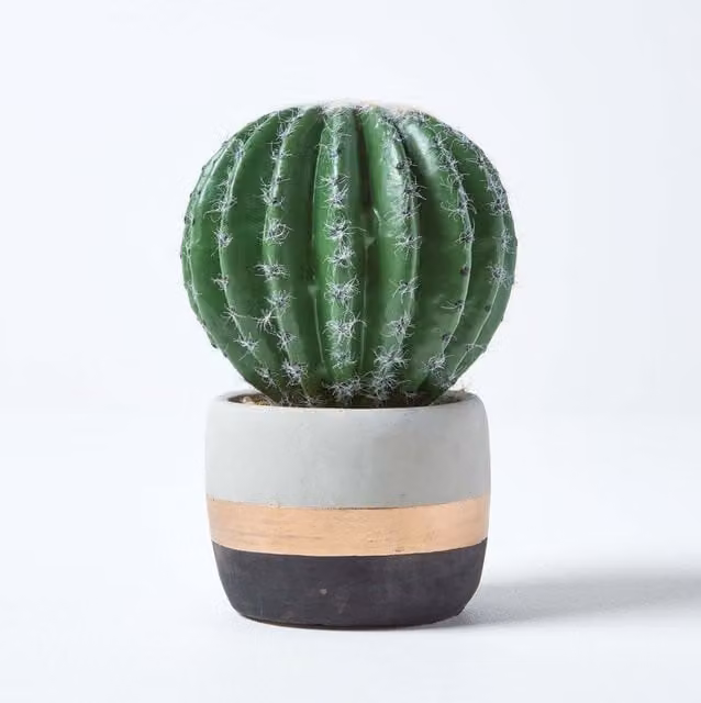 Homescapes Golden Barrel Artificial Succulent Cactus in a Striped Stone Pot, Green, Gold, Grey and Black, Height: 19 cm