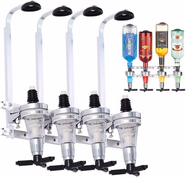 KORVIXA 4 Bottle Wall Mounted Optic Drink Dispenser with Pourer, Silver – 1