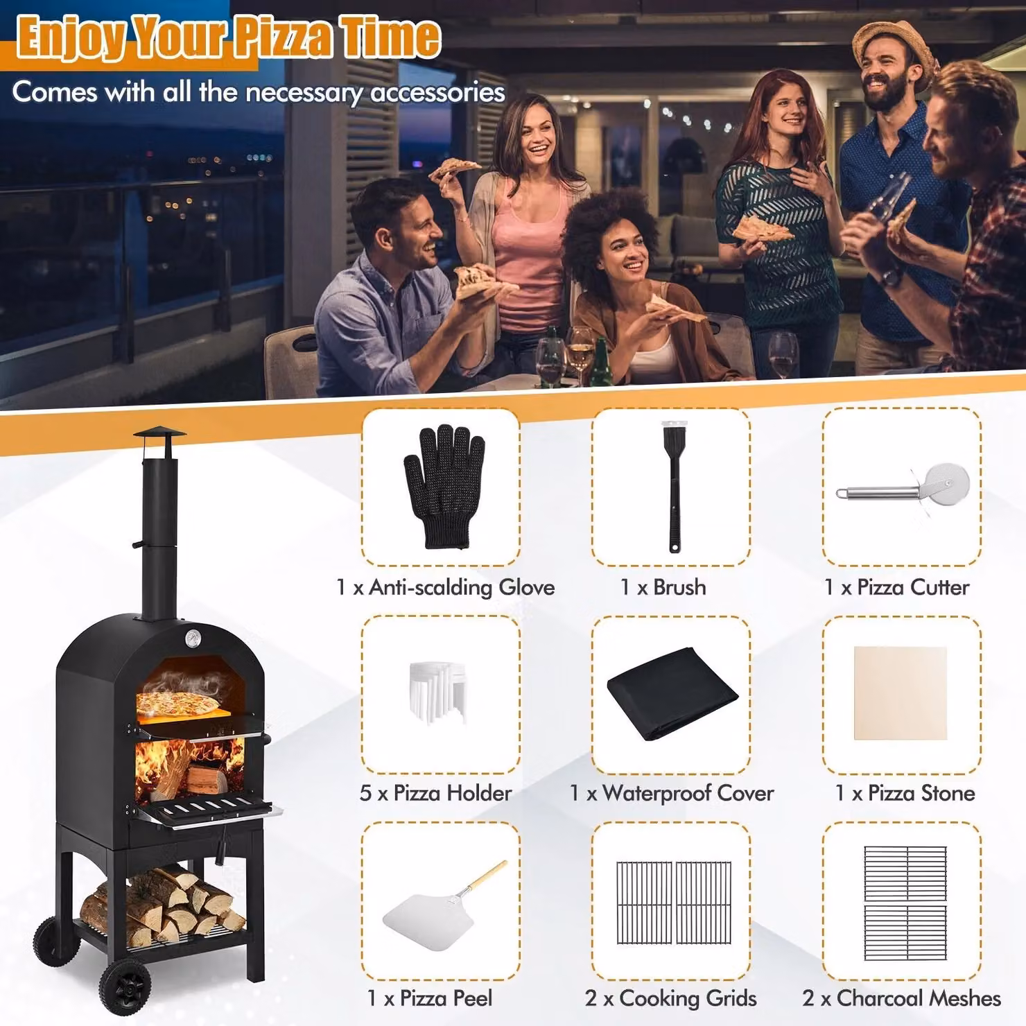Costway Wood-fired Outdoor Pizza Oven with Pizza Stone and Waterproof Cover, Black – 6