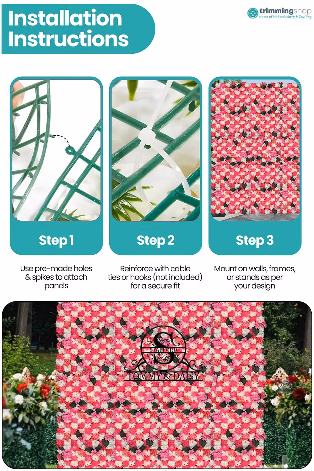 Neel Blue Decorative Artificial Floral Wall Panel in Blue and Pink for Wedding Photo Backgrounds, W/D/H: 60 x 40 x 60 cm – 3
